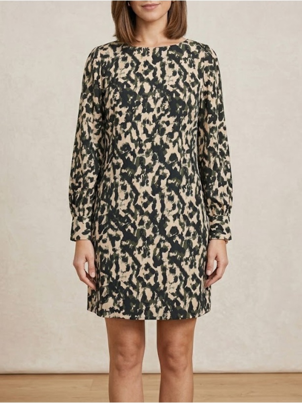 H&M Long Sleeve Shift Dress Camo Camouflage Leopard Green Size Large Corpcore
